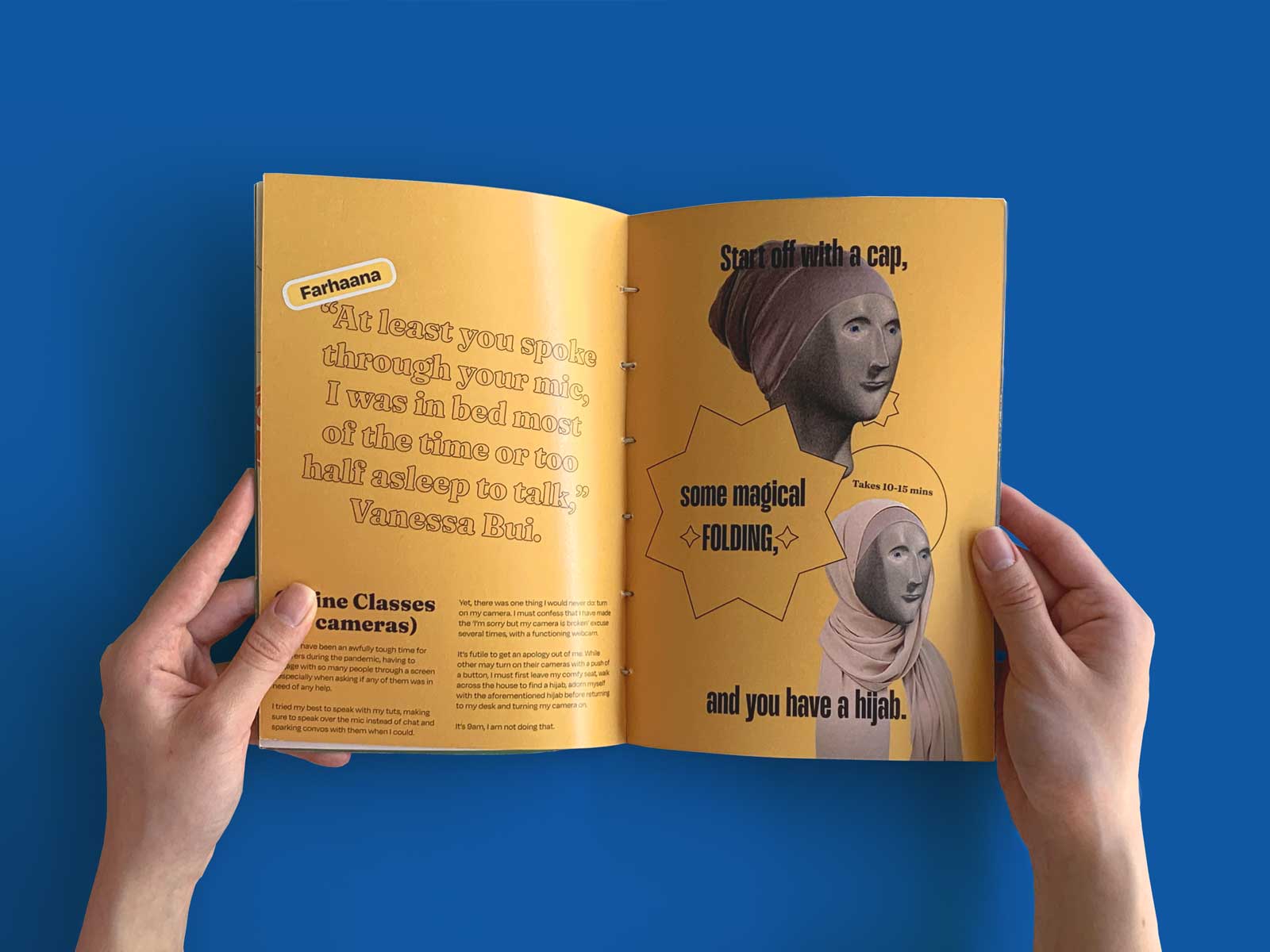 Anti-design page spread from Panik Edition about online classes and hijab tutorials.